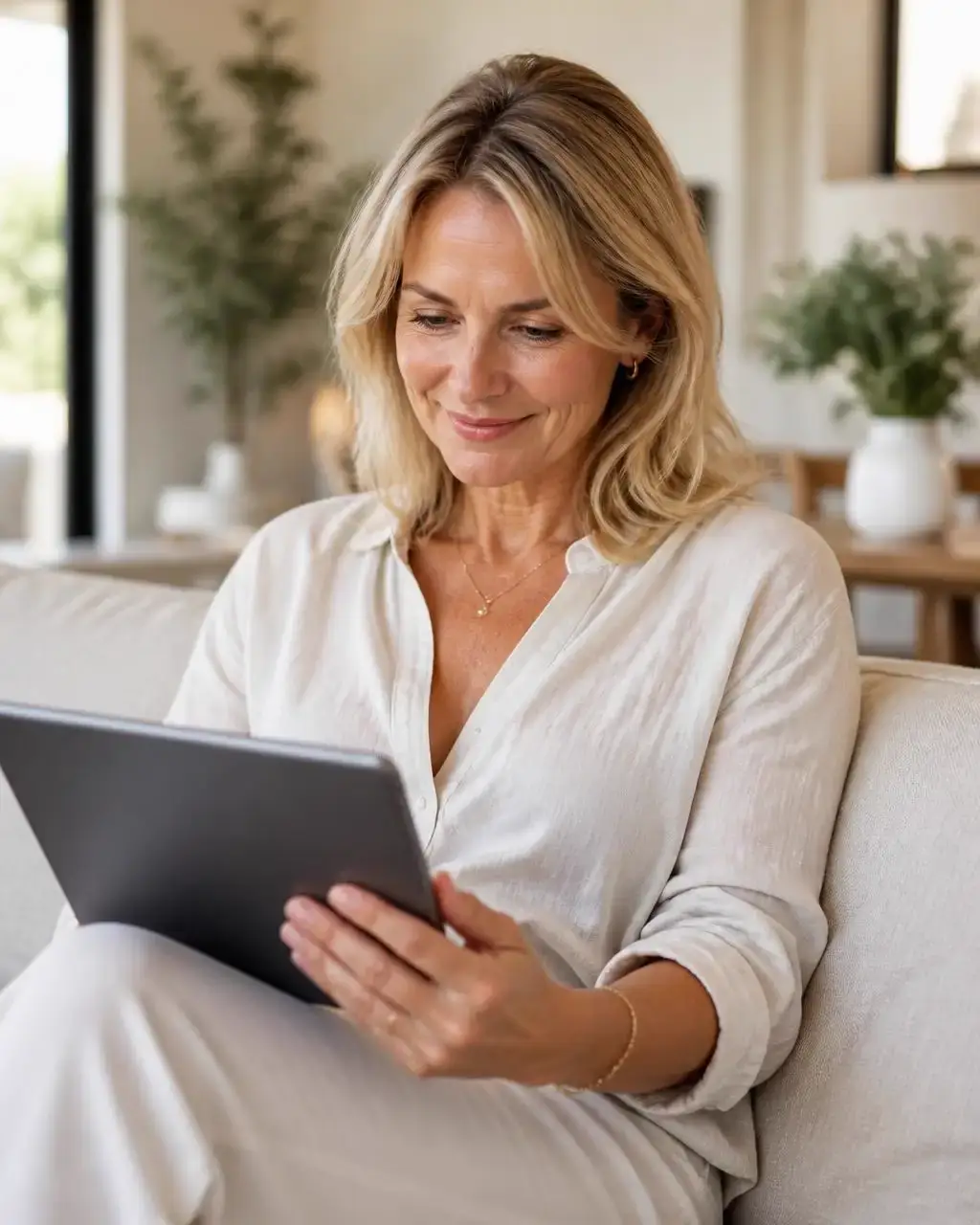 Mujer de 50 años leyendo el programa Menopause Reset en su tablet